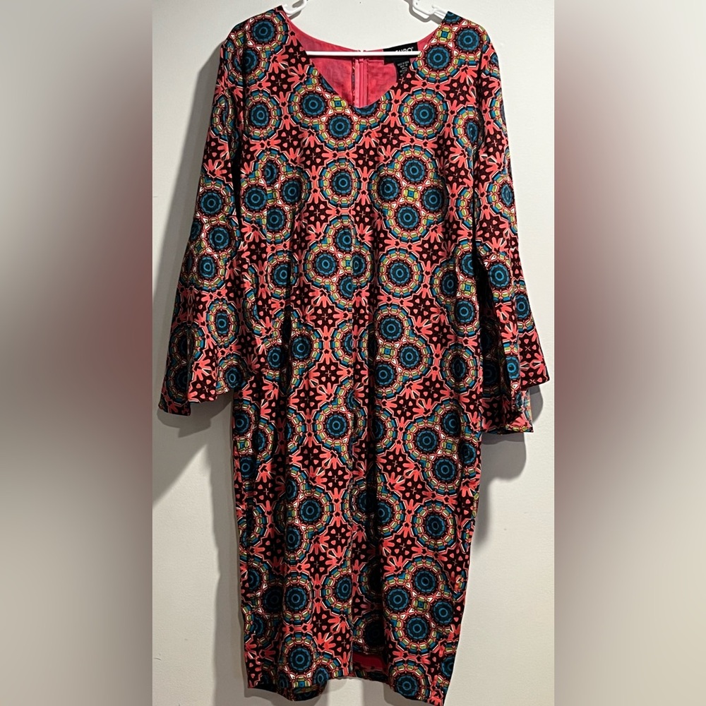Vibrant Coral Printed Long-Sleeve Women's Dress